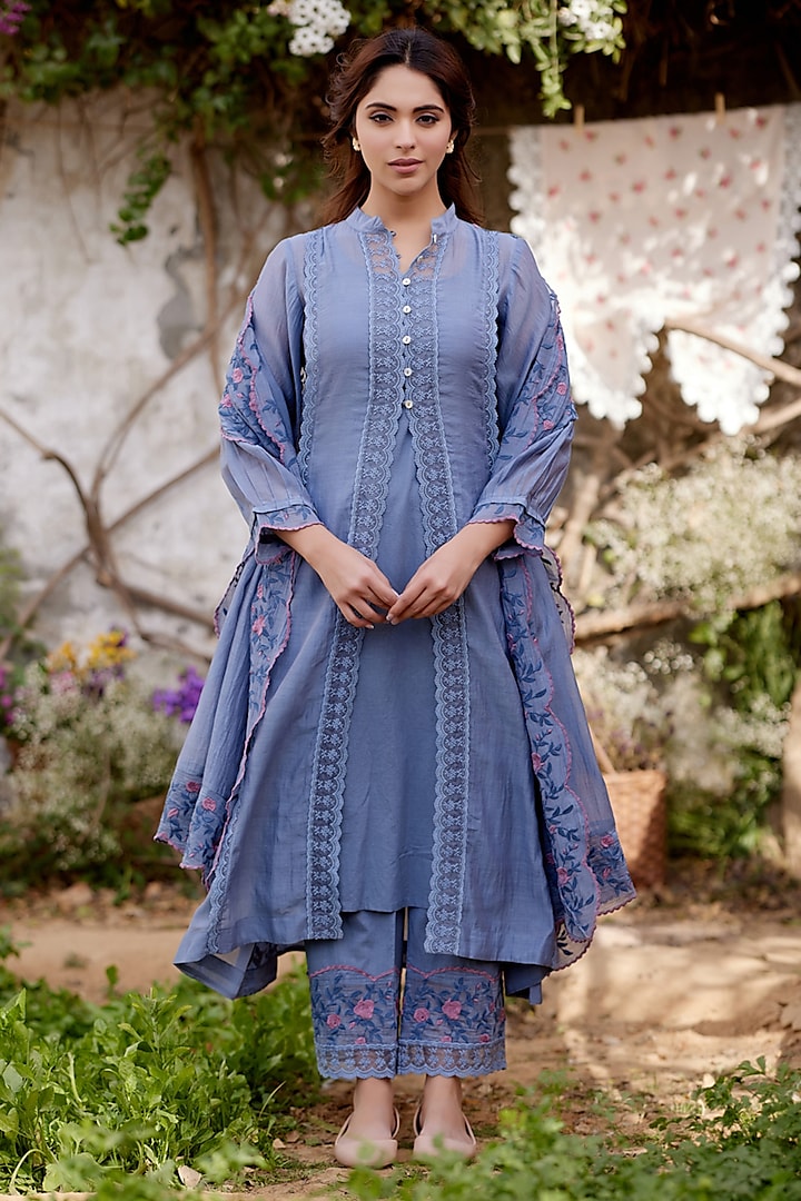 Greyish Blue Fine Cotton Chanderi Embroidered Kurta Set by Naaz by noor at Pernia's Pop Up Shop